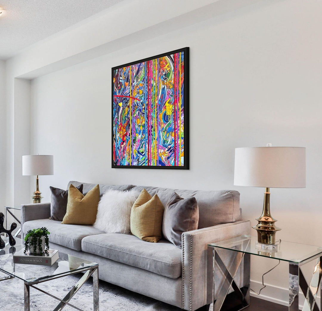 A vibrant abstract graffiti painting filled with layered colours, bold linework and dripping textures, with vertical multicoloured stripes cutting through the centre and two small 3D resin hearts emerging from the surface. The artwork blends chaotic movement with structured lines, creating a vivid, energetic, contemporary statement piece.