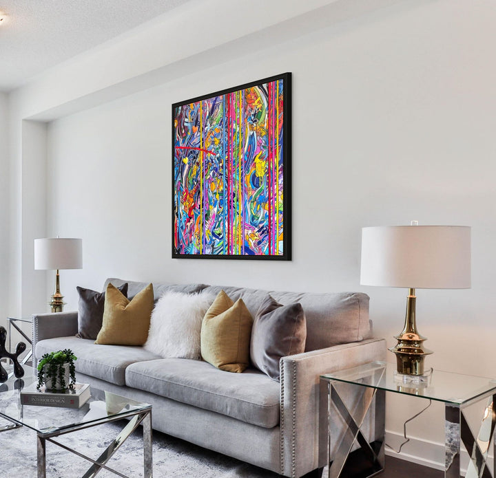 A vibrant abstract graffiti painting filled with layered colours, bold linework and dripping textures, with vertical multicoloured stripes cutting through the centre and two small 3D resin hearts emerging from the surface. The artwork blends chaotic movement with structured lines, creating a vivid, energetic, contemporary statement piece.