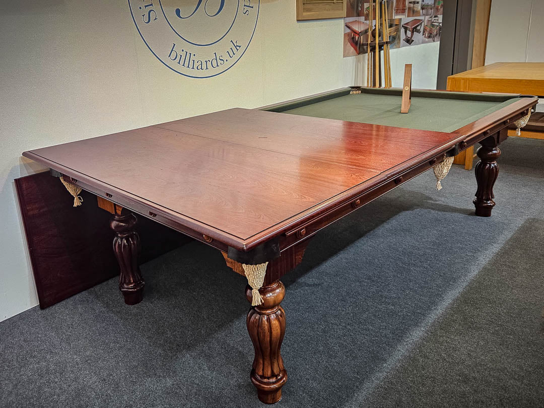 Sir William Bentley Billiards Empire 8ft wind-up table in mahogany with traditional turned legs and dual-purpose dining top, finished with green cloth.
