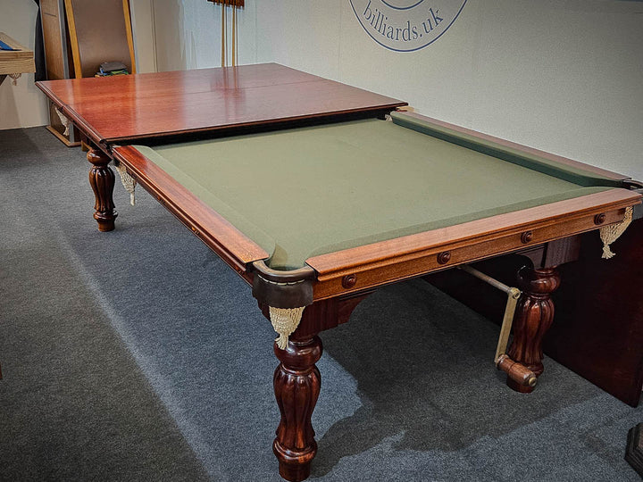 Sir William Bentley Billiards Empire 8ft wind-up table in mahogany with traditional turned legs and dual-purpose dining top, finished with green cloth.