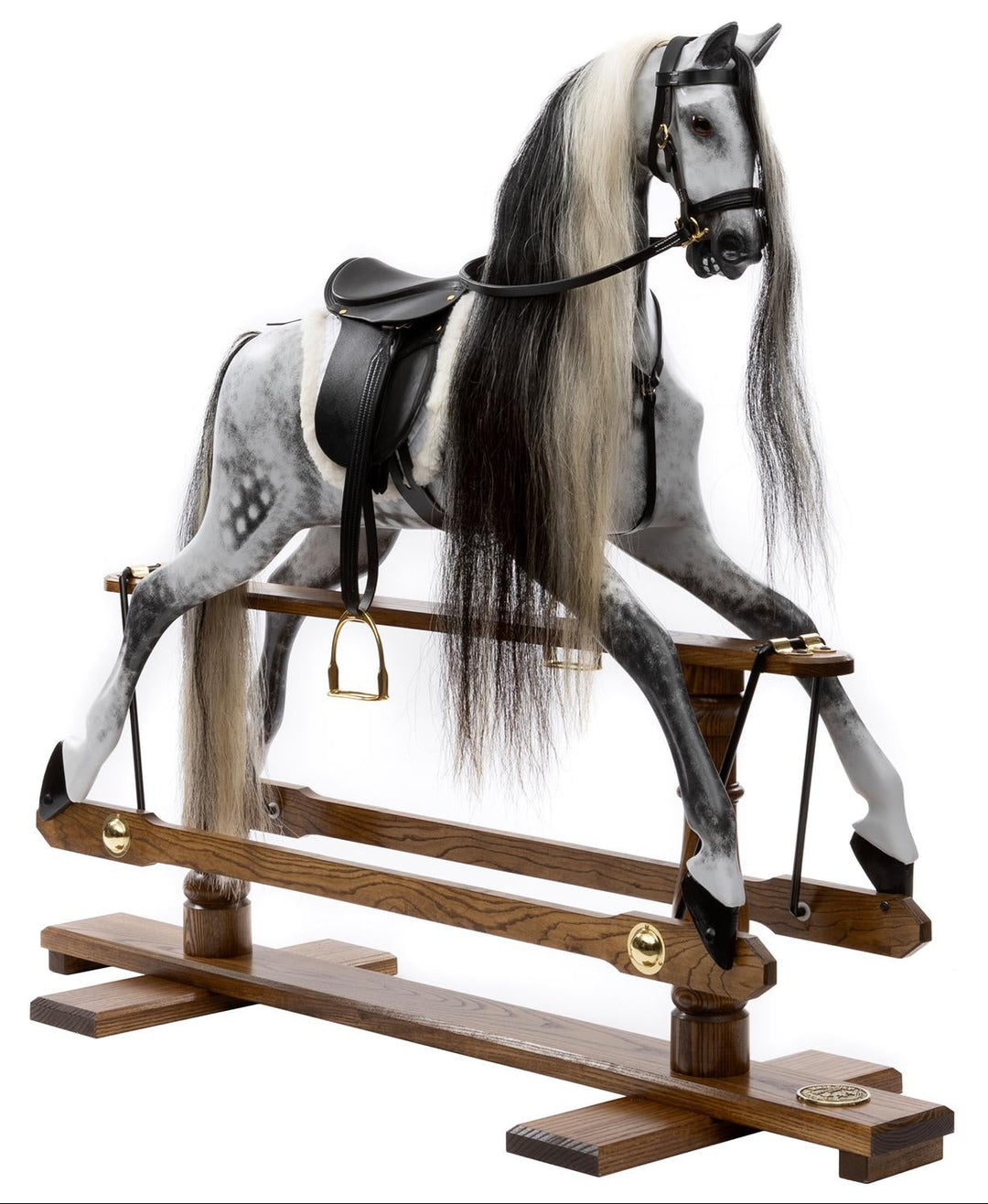 Hand-painted dapple grey rocking horse with long black and white mane, black leather saddle, and oak safety stand.

