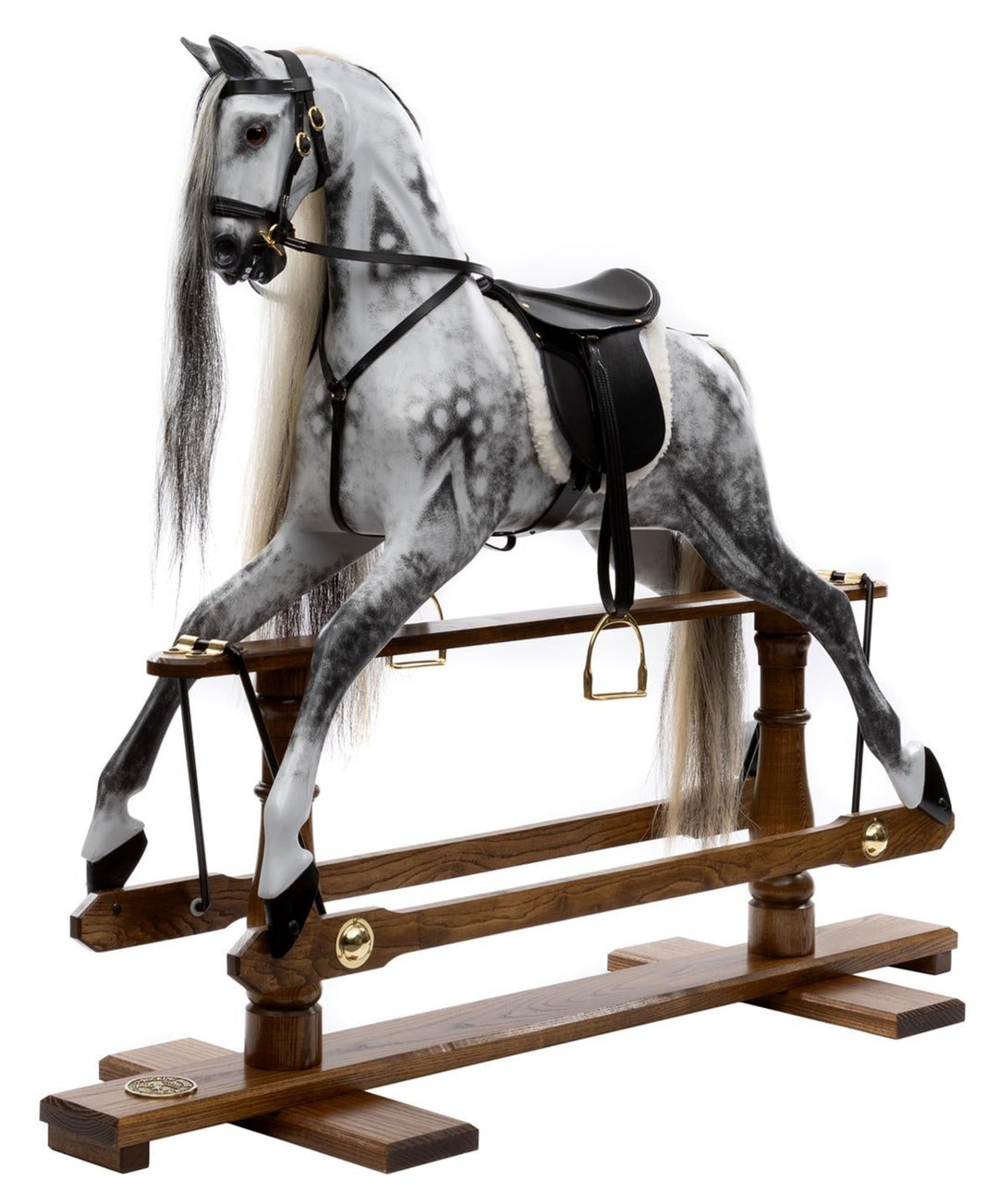 Hand-painted dapple grey rocking horse with long black and white mane, black leather saddle, and oak safety stand.

