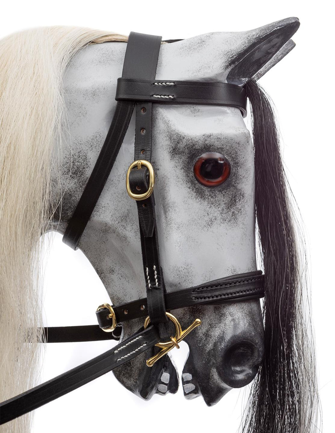 Hand-painted dapple grey rocking horse with long black and white mane, black leather saddle, and oak safety stand.

