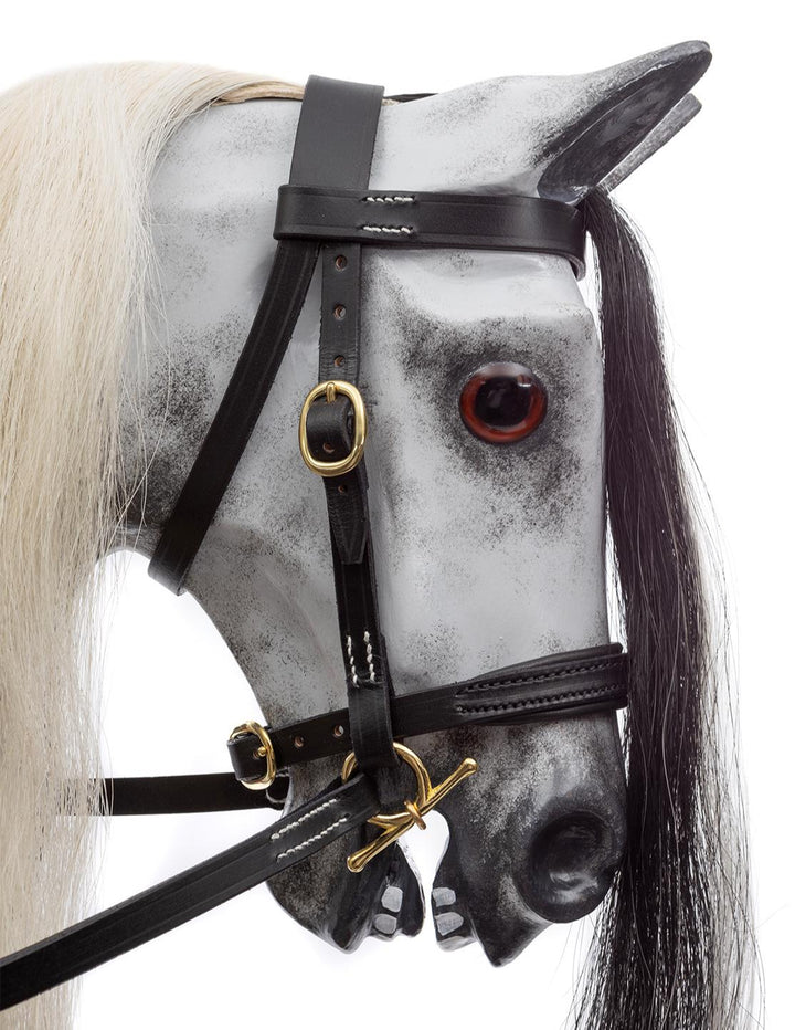 Hand-painted dapple grey rocking horse with long black and white mane, black leather saddle, and oak safety stand.

