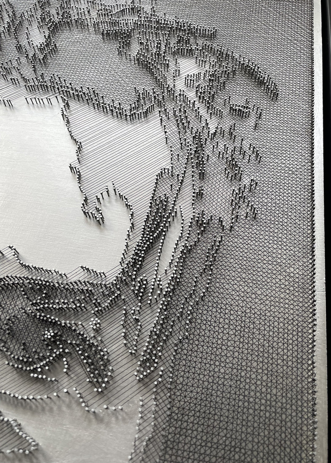 Portrait of David Bowie constructed from fine black enamelled copper wire tensioned around thousands of small metal nails on a silver acrylic painted board, forming dense linear layers that define facial features, hair and expression through tonal variation, depth and shadow across a rigid rectangular surface.