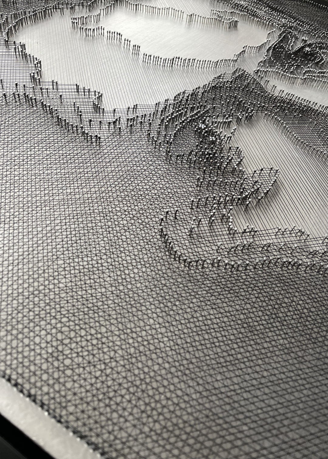 Portrait of David Bowie constructed from fine black enamelled copper wire tensioned around thousands of small metal nails on a silver acrylic painted board, forming dense linear layers that define facial features, hair and expression through tonal variation, depth and shadow across a rigid rectangular surface.