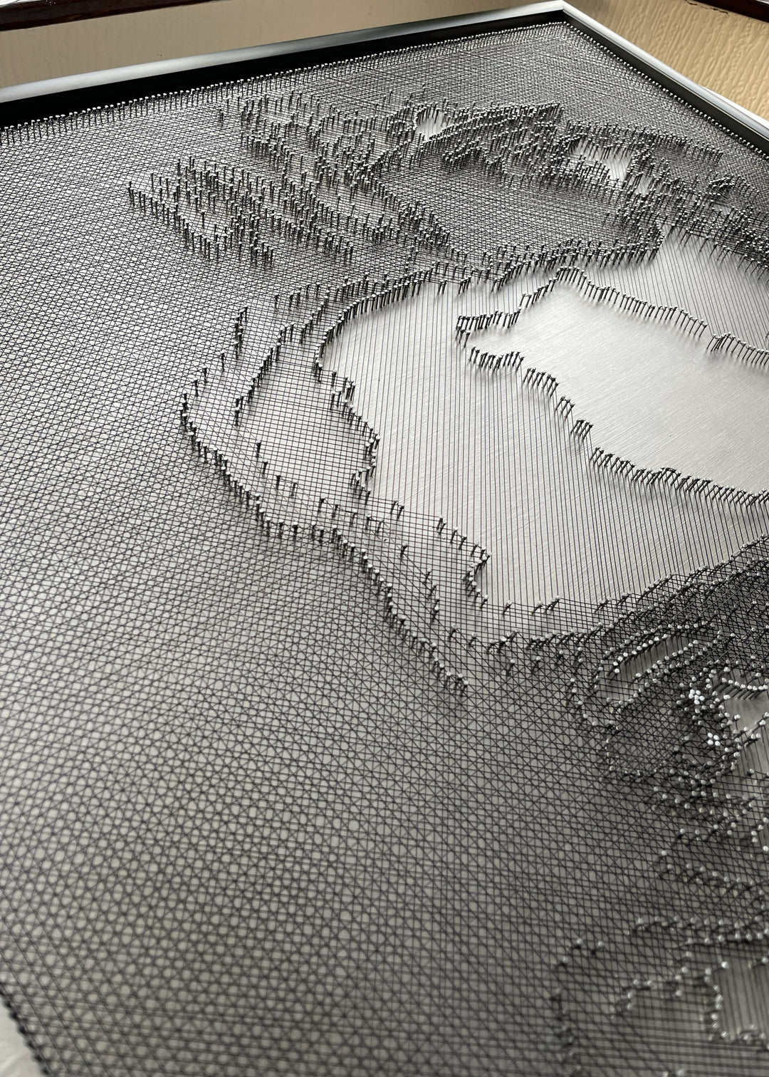 Portrait of David Bowie constructed from fine black enamelled copper wire tensioned around thousands of small metal nails on a silver acrylic painted board, forming dense linear layers that define facial features, hair and expression through tonal variation, depth and shadow across a rigid rectangular surface.