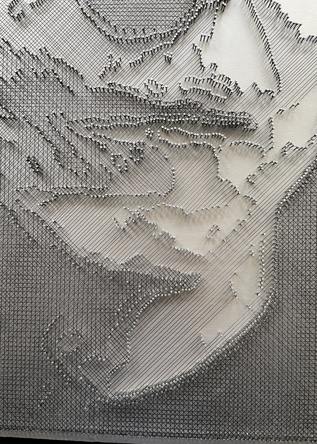 Portrait of David Bowie constructed from fine black enamelled copper wire tensioned around thousands of small metal nails on a silver acrylic painted board, forming dense linear layers that define facial features, hair and expression through tonal variation, depth and shadow across a rigid rectangular surface.