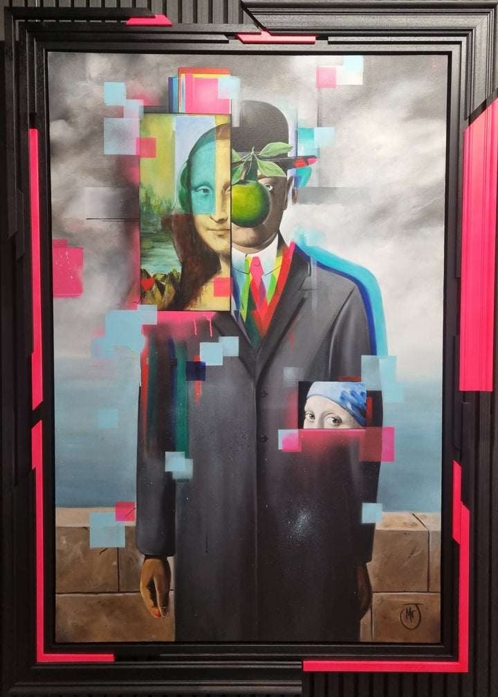 Mixed media portrait composition depicting a suited male figure with a bowler hat and green apple motif, fragmented and overlaid with classical portrait references, pixelated colour blocks and layered visual interruptions, rendered in acrylic paint with UV-reactive elements on a rectangular surface and presented within a bespoke multi-layer frame.