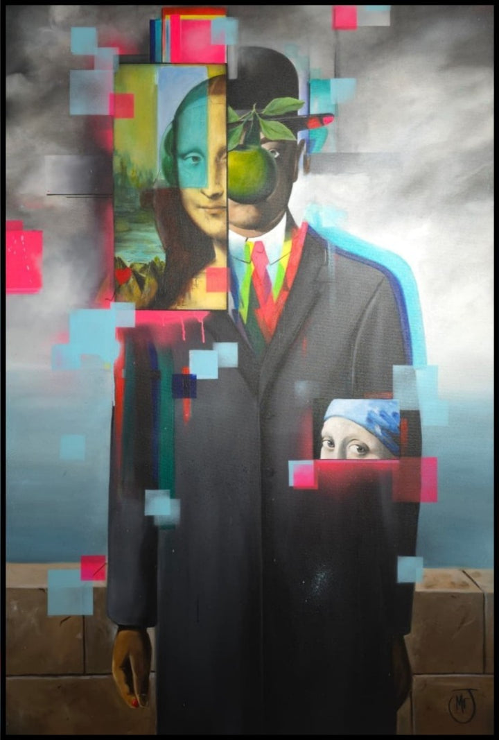 Mixed media portrait composition depicting a suited male figure with a bowler hat and green apple motif, fragmented and overlaid with classical portrait references, pixelated colour blocks and layered visual interruptions, rendered in acrylic paint with UV-reactive elements on a rectangular surface and presented within a bespoke multi-layer frame.