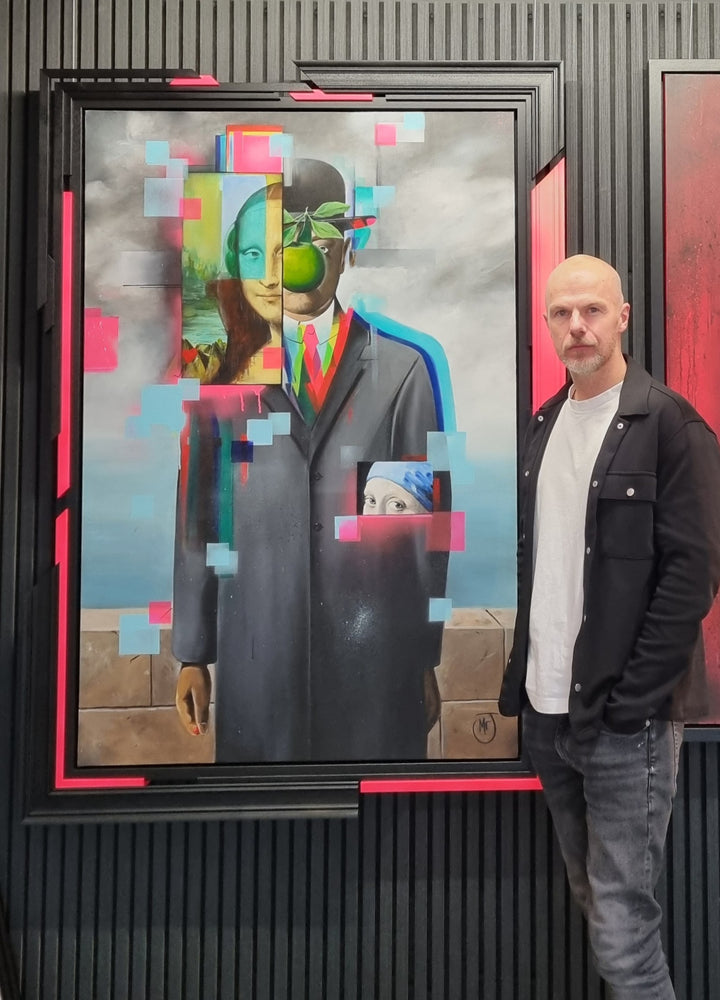 Mixed media portrait composition depicting a suited male figure with a bowler hat and green apple motif, fragmented and overlaid with classical portrait references, pixelated colour blocks and layered visual interruptions, rendered in acrylic paint with UV-reactive elements on a rectangular surface and presented within a bespoke multi-layer frame.