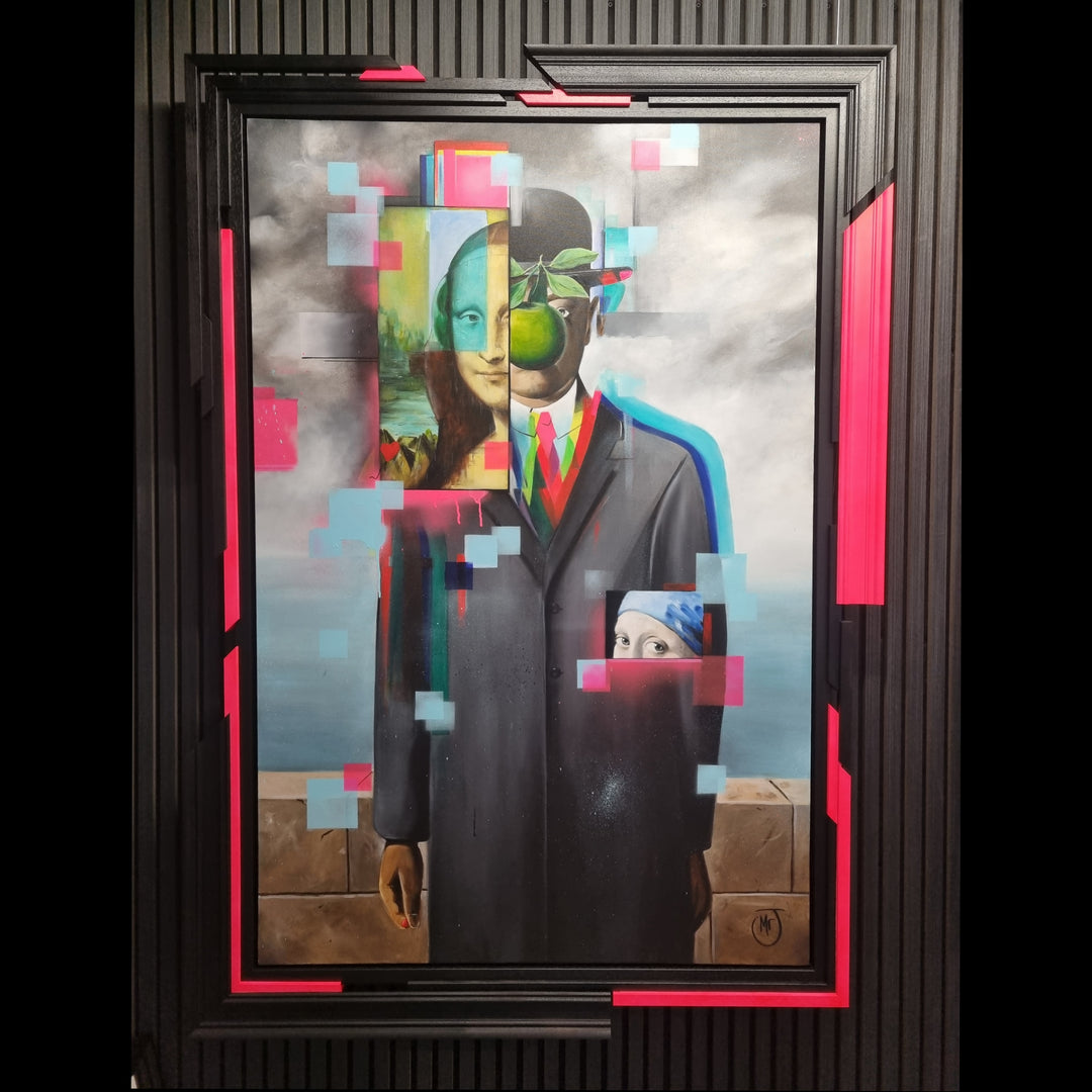 Mixed media portrait composition depicting a suited male figure with a bowler hat and green apple motif, fragmented and overlaid with classical portrait references, pixelated colour blocks and layered visual interruptions, rendered in acrylic paint with UV-reactive elements on a rectangular surface and presented within a bespoke multi-layer frame.