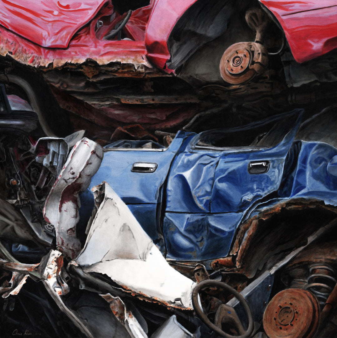 Hyperrealistic acrylic painting of a crushed blue car wedged between rusted red and white vehicle fragments in a scrapyard, capturing the textures of metal, decay, and industrial collapse.
