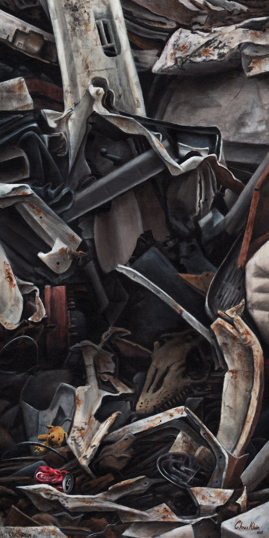 Acrylic painting of a dense pile of rusted, twisted metal and discarded objects, including a crumpled red soda can, a yellow toy bear, and a bleached animal skull—evoking a scene of industrial decay and forgotten relics.
