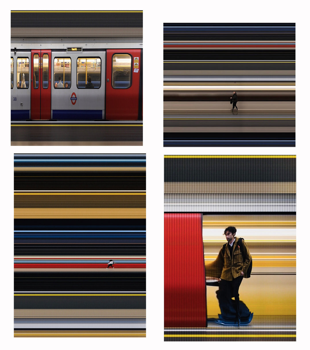 Richard P Jones District Line #2, London fine art photographic print showing layered London Underground District Line trains and commuters moving through a station platform, created from reconstructed high-speed video imagery and printed as a giclée on brushed aluminium.
