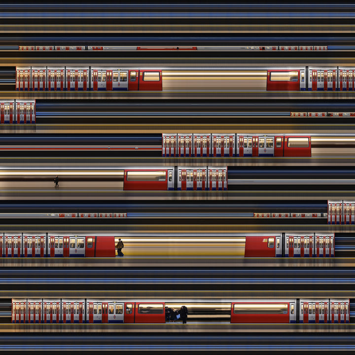 Richard P Jones District Line #2, London fine art photographic print showing layered London Underground District Line trains and commuters moving through a station platform, created from reconstructed high-speed video imagery and printed as a giclée on brushed aluminium.