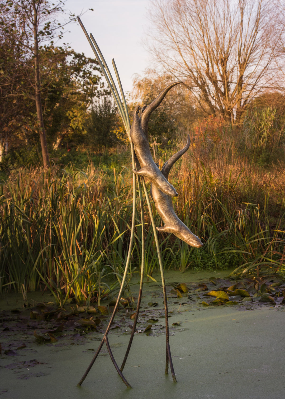 Simon Gudgeon bronze sculpture Diving Otters featuring two elegant diving otter forms suspended amongst tall reed-like structures within a landscaped waterside garden setting.