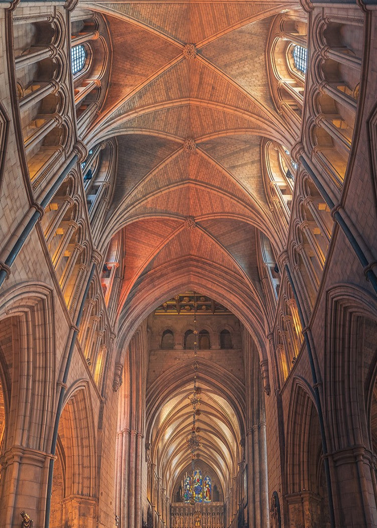 Vertical panoramic photograph of Southwark Cathedral’s nave showing soaring ribbed vaults, pointed arches, chandeliers and stained-glass windows leading to the high altar; a tranquil, symmetrical view dedicated to Doorkins, the cathedral’s beloved resident cat.