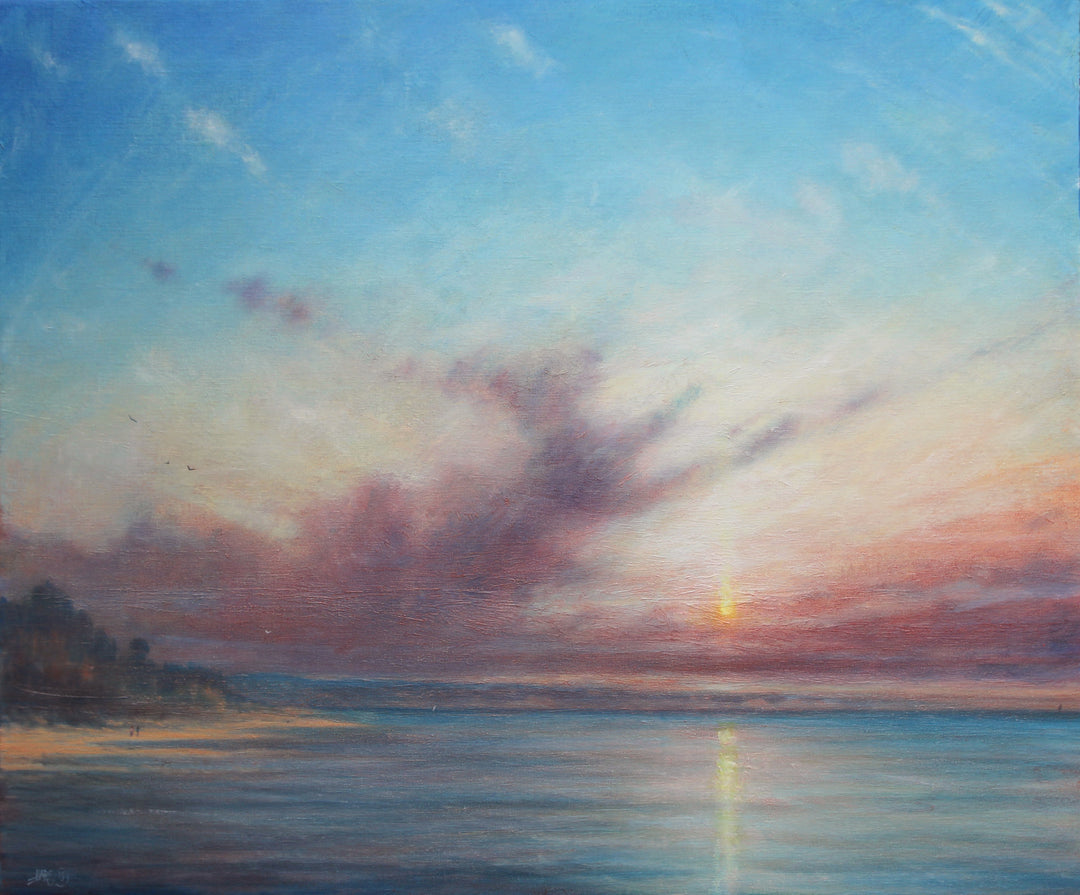 Derek Hare oil painting seascape of the Dorset coast at daybreak with soft sunrise light, reflective sea and subtle figures along the shoreline.