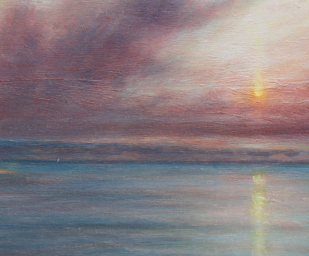Derek Hare oil painting seascape of the Dorset coast at daybreak with soft sunrise light, reflective sea and subtle figures along the shoreline.