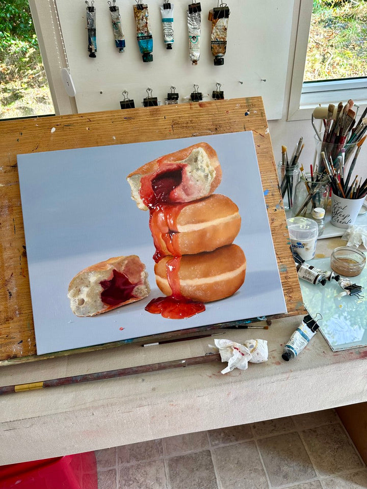 Hyperrealist painting of stacked jelly doughnuts with vivid red jam oozing down the sides