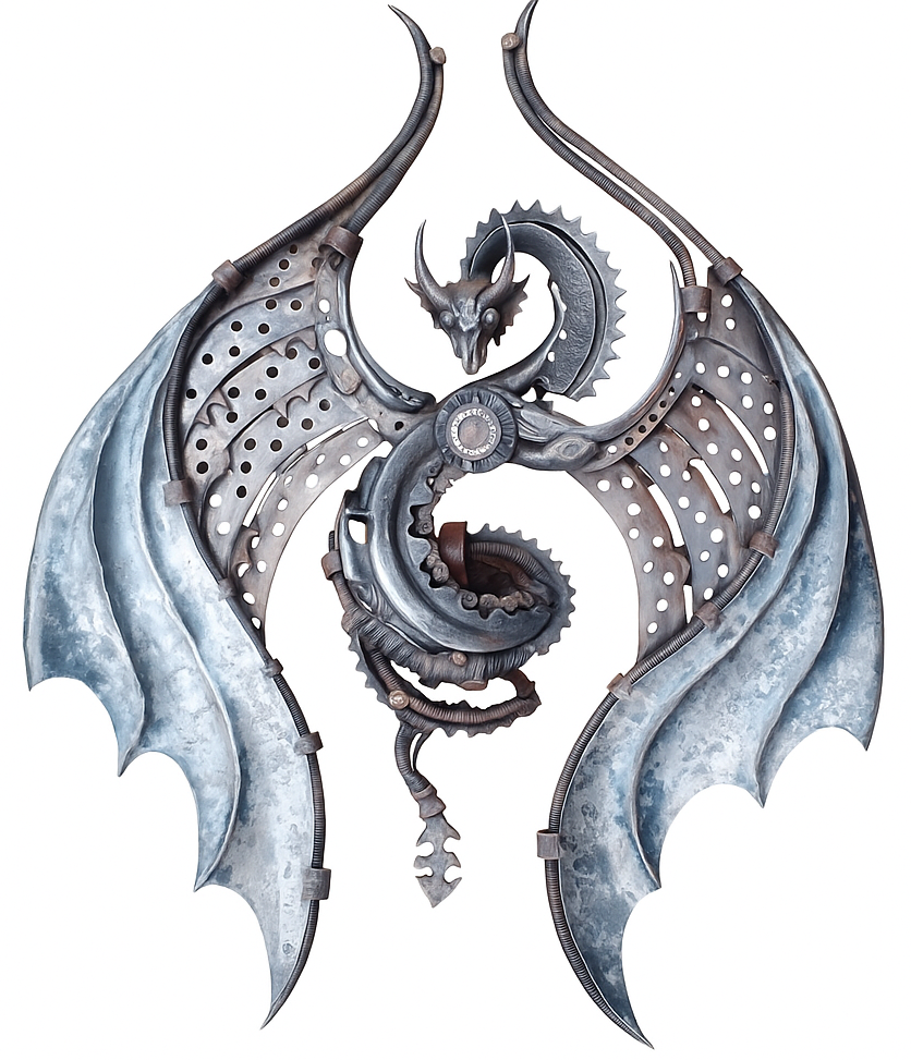 Steampunk dragon sculpture crafted from reclaimed metal with gear detailing and wide industrial wings.