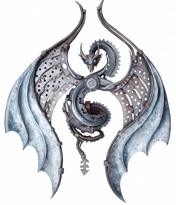 Steampunk dragon sculpture crafted from reclaimed metal with gear detailing and wide industrial wings.