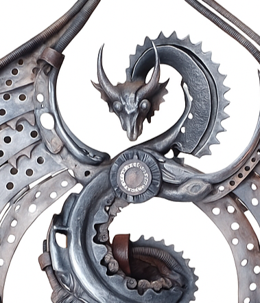 Steampunk dragon sculpture crafted from reclaimed metal with gear detailing and wide industrial wings.