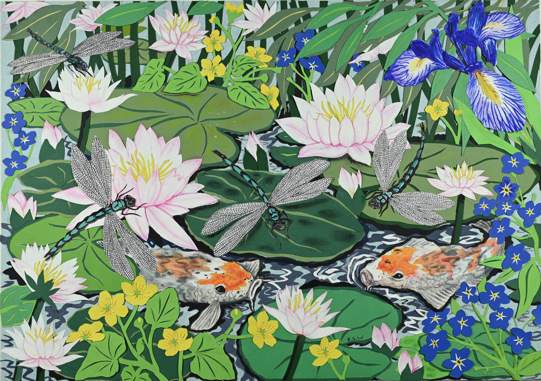 Cut-paper artwork featuring dragonflies, koi carp and blooming waterlilies surrounded by layered green foliage and vivid blue, yellow and pink florals; intricate hand-cut textures create a vibrant, detailed waterside scene full of movement and colour.