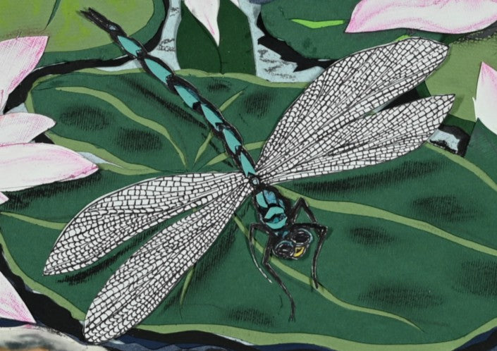 Cut-paper artwork featuring dragonflies, koi carp and blooming waterlilies surrounded by layered green foliage and vivid blue, yellow and pink florals; intricate hand-cut textures create a vibrant, detailed waterside scene full of movement and colour.