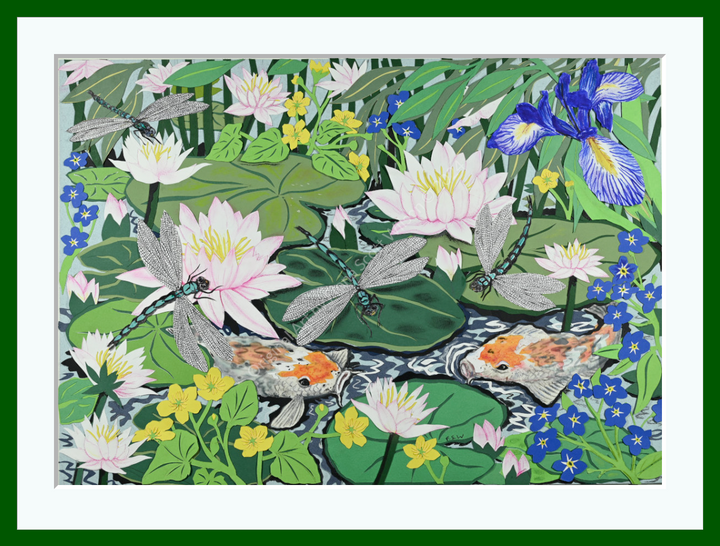 Cut-paper artwork featuring dragonflies, koi carp and blooming waterlilies surrounded by layered green foliage and vivid blue, yellow and pink florals; intricate hand-cut textures create a vibrant, detailed waterside scene full of movement and colour.