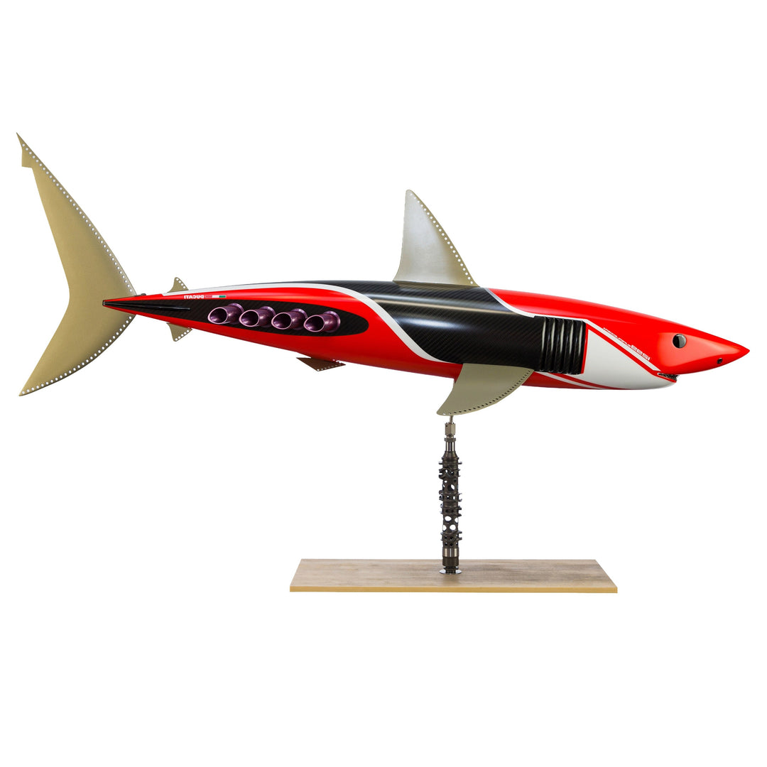 Alastair Gibson CarbonArt45 carbon fibre mako shark sculpture with aluminium fins and Formula One components, aerodynamic contemporary design