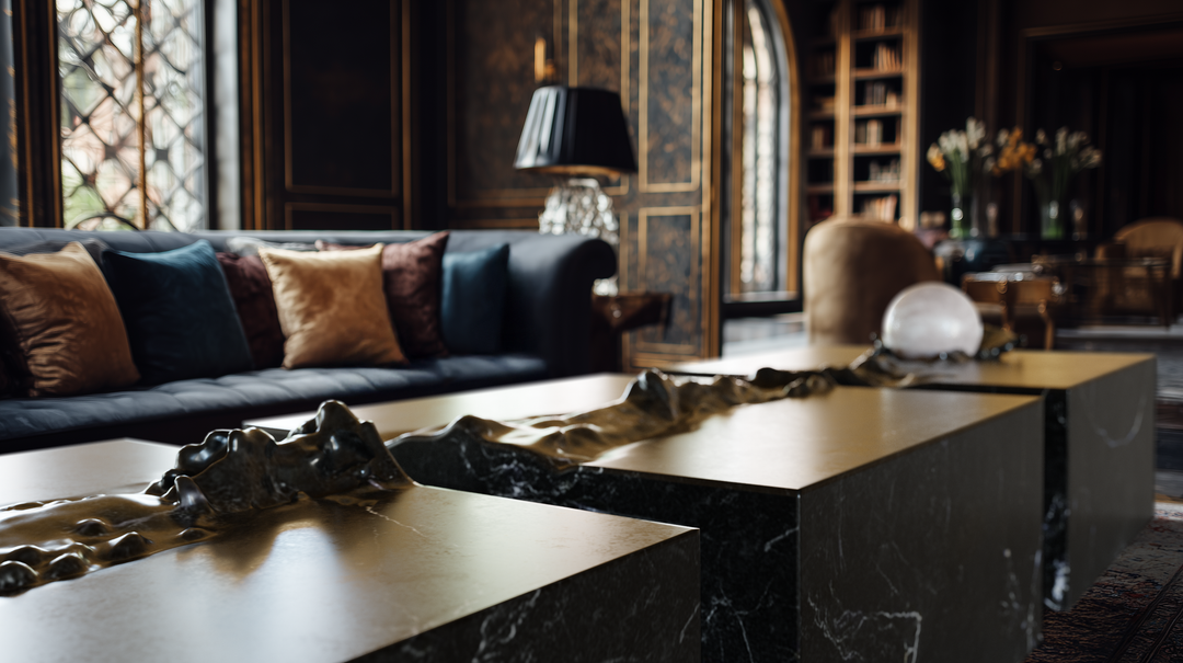 Duffy London Pearl Table sculptural marble coffee table with carved ripple effect and spherical pearl element, creating the illusion of water frozen in motion.