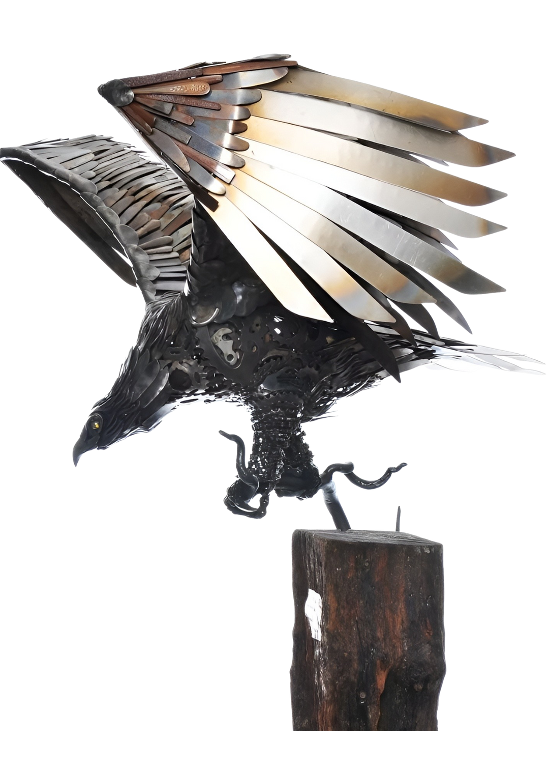 Handcrafted metal american eagle sculpture made from reclaimed steel, featuring detailed feathers, outstretched wings, and steampunk-inspired design.