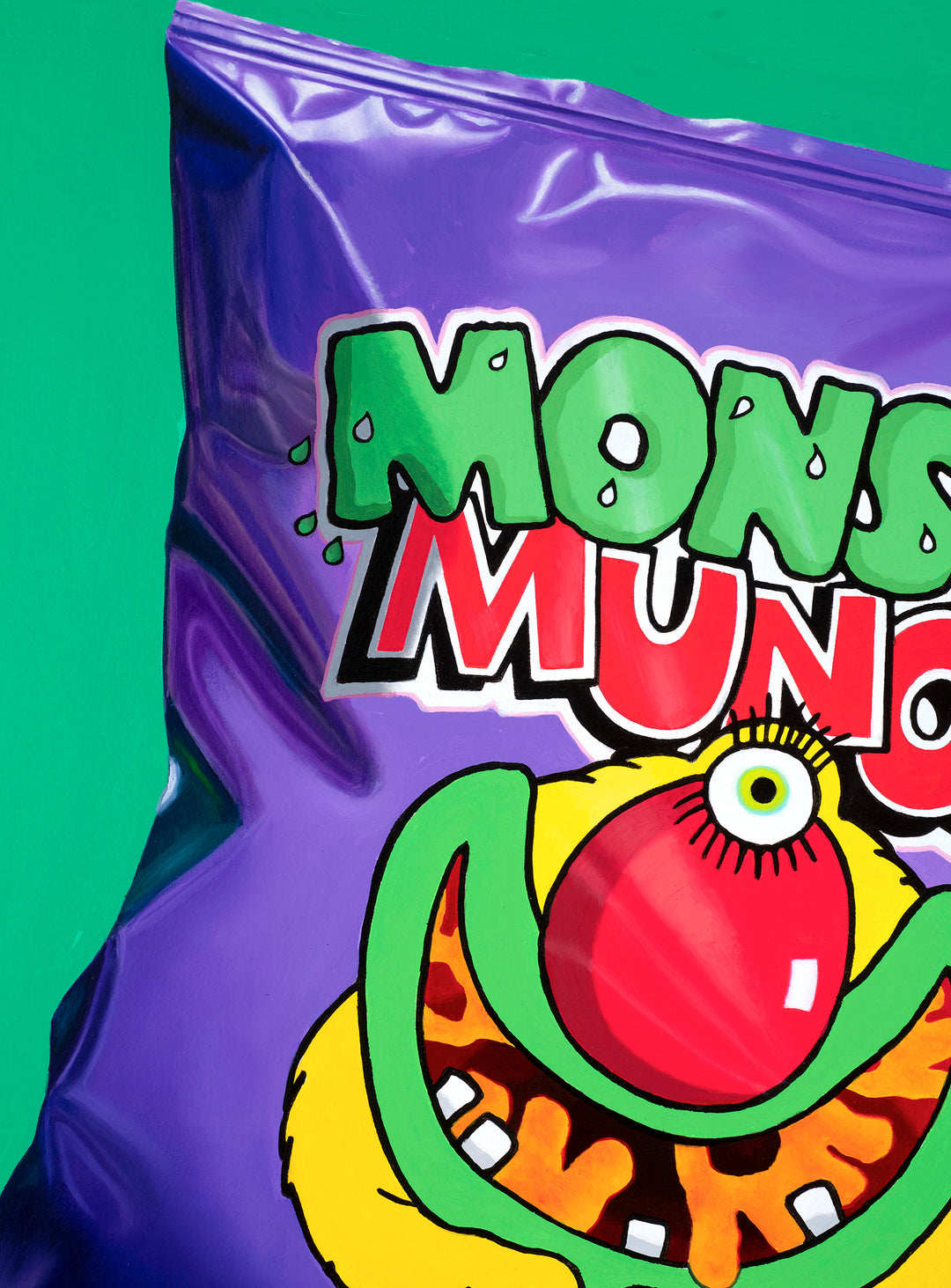 Kelly-Anne Davitt Monster Munch hyperreal oil painting on canvas depicting a glossy Pickled Onion Monster Munch crisp packet with bold purple packaging and playful graphic illustration.