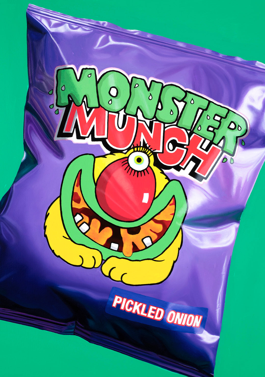 Kelly-Anne Davitt Monster Munch hyperreal oil painting on canvas depicting a glossy Pickled Onion Monster Munch crisp packet with bold purple packaging and playful graphic illustration.