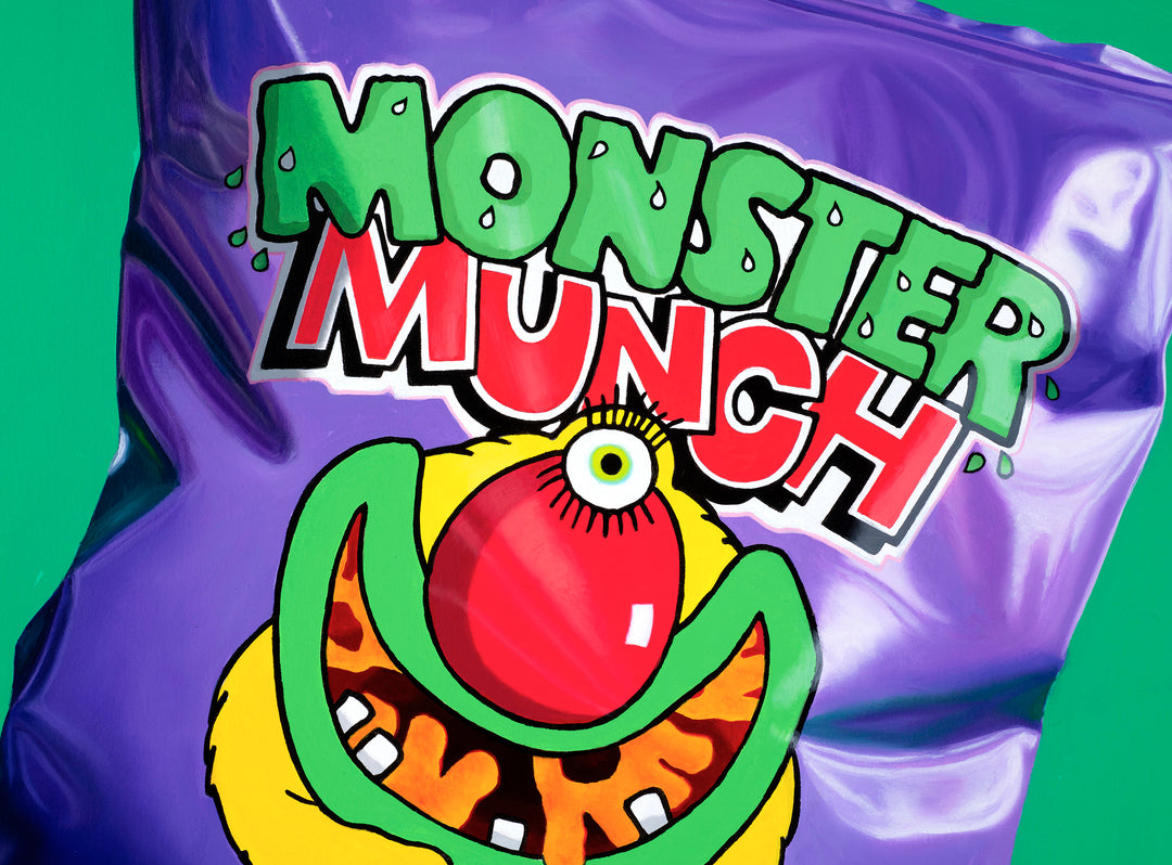 Kelly-Anne Davitt Monster Munch hyperreal oil painting on canvas depicting a glossy Pickled Onion Monster Munch crisp packet with bold purple packaging and playful graphic illustration.