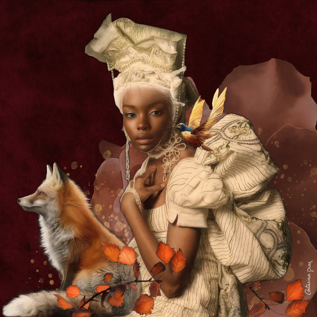 Catarina Diaz’s Echoes of a Golden Lineage, analogue collage on Somerset Enhanced Velvet with oil on canvas. Regal Black woman in ivory gown and ornate headpiece, beside a red fox and small bird, framed by autumn leaves on a deep burgundy backdrop with gold accents.