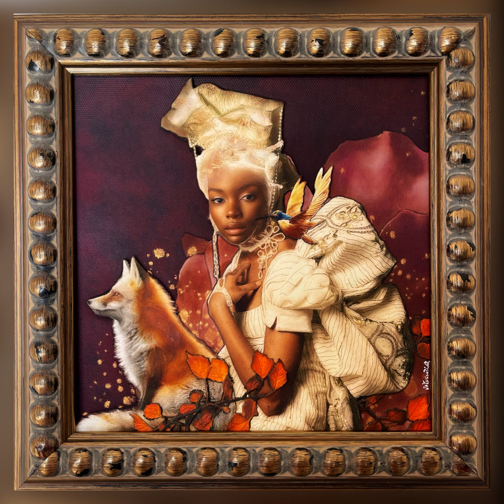 Catarina Diaz’s Echoes of a Golden Lineage, analogue collage on Somerset Enhanced Velvet with oil on canvas. Regal Black woman in ivory gown and ornate headpiece, beside a red fox and small bird, framed by autumn leaves on a deep burgundy backdrop with gold accents.