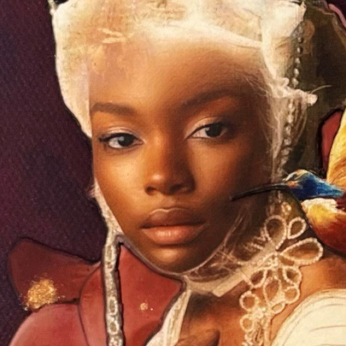 Catarina Diaz’s Echoes of a Golden Lineage, analogue collage on Somerset Enhanced Velvet with oil on canvas. Regal Black woman in ivory gown and ornate headpiece, beside a red fox and small bird, framed by autumn leaves on a deep burgundy backdrop with gold accents.