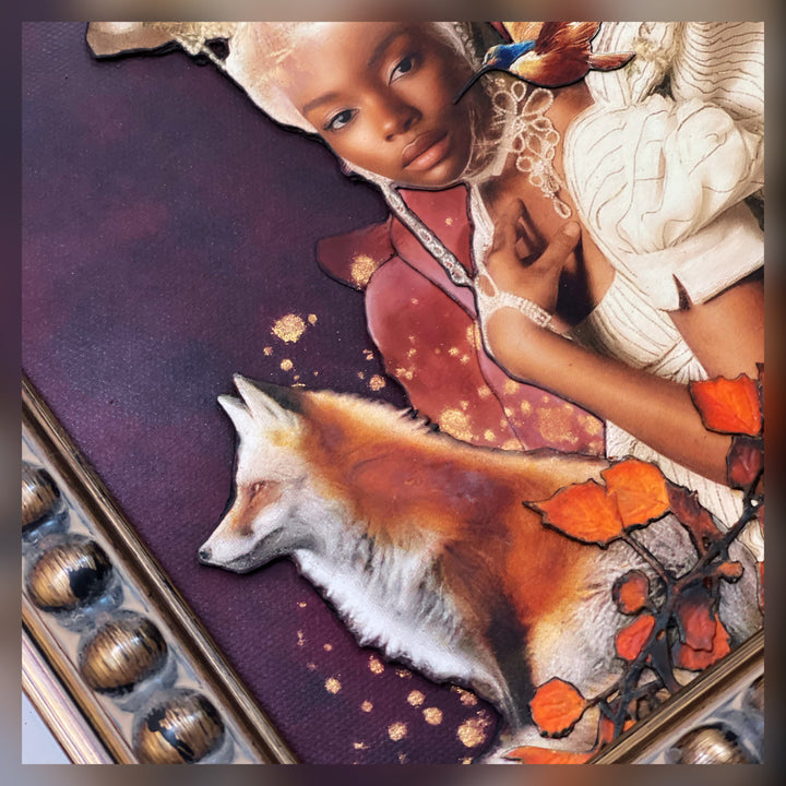 Catarina Diaz’s Echoes of a Golden Lineage, analogue collage on Somerset Enhanced Velvet with oil on canvas. Regal Black woman in ivory gown and ornate headpiece, beside a red fox and small bird, framed by autumn leaves on a deep burgundy backdrop with gold accents.
