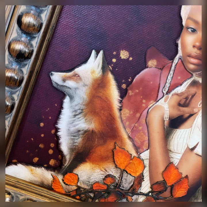 Catarina Diaz’s Echoes of a Golden Lineage, analogue collage on Somerset Enhanced Velvet with oil on canvas. Regal Black woman in ivory gown and ornate headpiece, beside a red fox and small bird, framed by autumn leaves on a deep burgundy backdrop with gold accents.