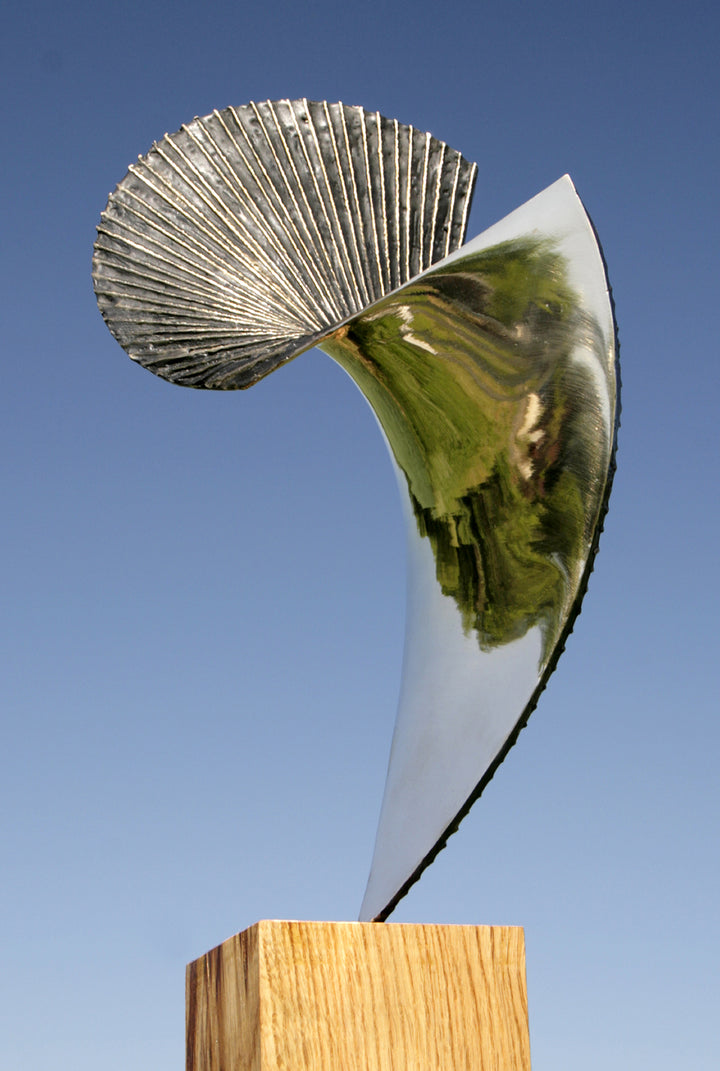 Polished bronze sculpture titled Eclipse by Thomas Joynes, shown from multiple angles against a clear blue sky. The sculpture features a spiralling, shell-inspired form derived from the Fibonacci sequence. One side is mirror-polished to a high reflective sheen, while the opposite side has a dark patina with radiating textured grooves. The work is mounted on a natural wood plinth, balancing organic form with precise geometry in a compact, vertical orientation.