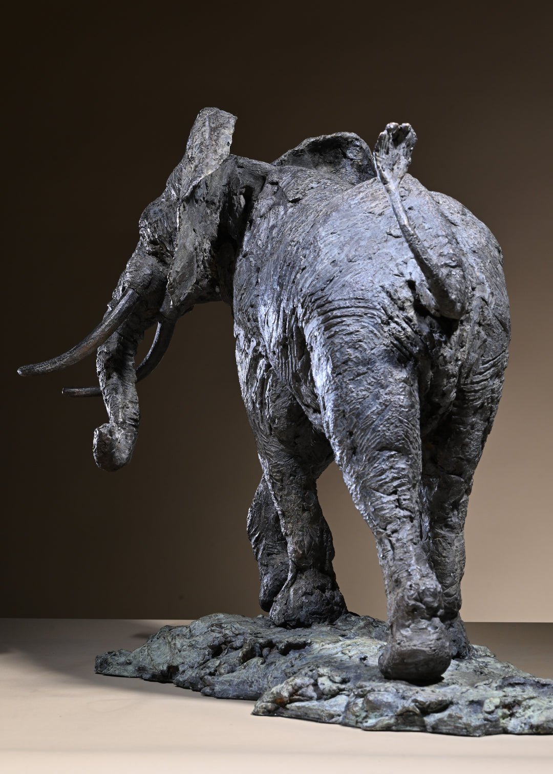 ‘Elephant Bull: Large’ by Hamish Mackie, a limited-edition bronze wildlife sculpture depicting a powerful African bull elephant stepping backwards with its head raised, trunk curled upwards, long curved tusks and tail lifted. Finished in dark grey bronze with richly textured skin and detailed muscular features, the sculpture captures the strength, intelligence and alert character of an African elephant standing on a rugged naturalistic base.