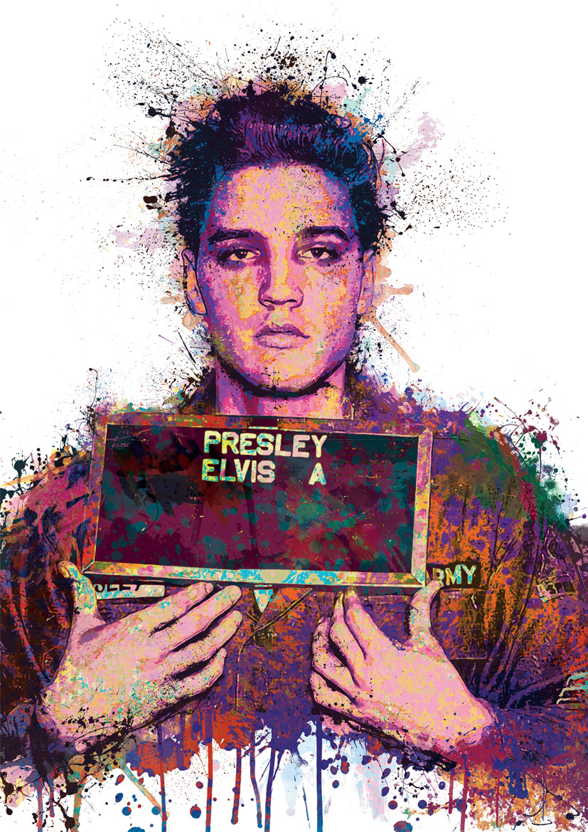 Vivid contemporary portrait of Elvis Presley holding a military placard, created in an expressive splatter-paint style with bold colours and dynamic textures.