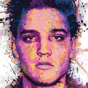 Vivid contemporary portrait of Elvis Presley holding a military placard, created in an expressive splatter-paint style with bold colours and dynamic textures.