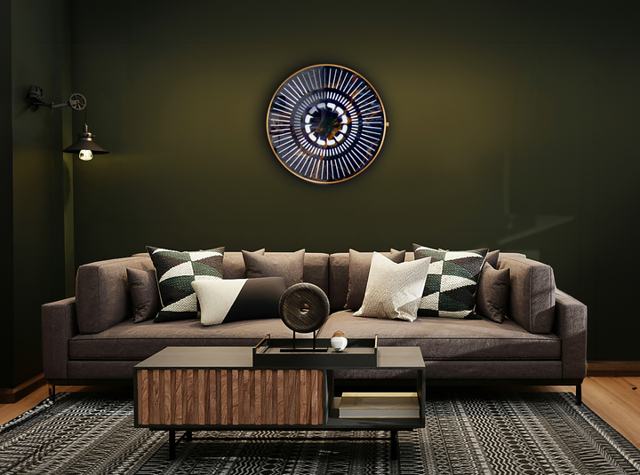 “Tempus Emperor” by Ben Rousseau – a limited-edition illuminated wall timepiece crafted from black and gold marbled glass with brass-tinted aluminium and LEDs. A regal fusion of design, light, and luxury craftsmanship.

