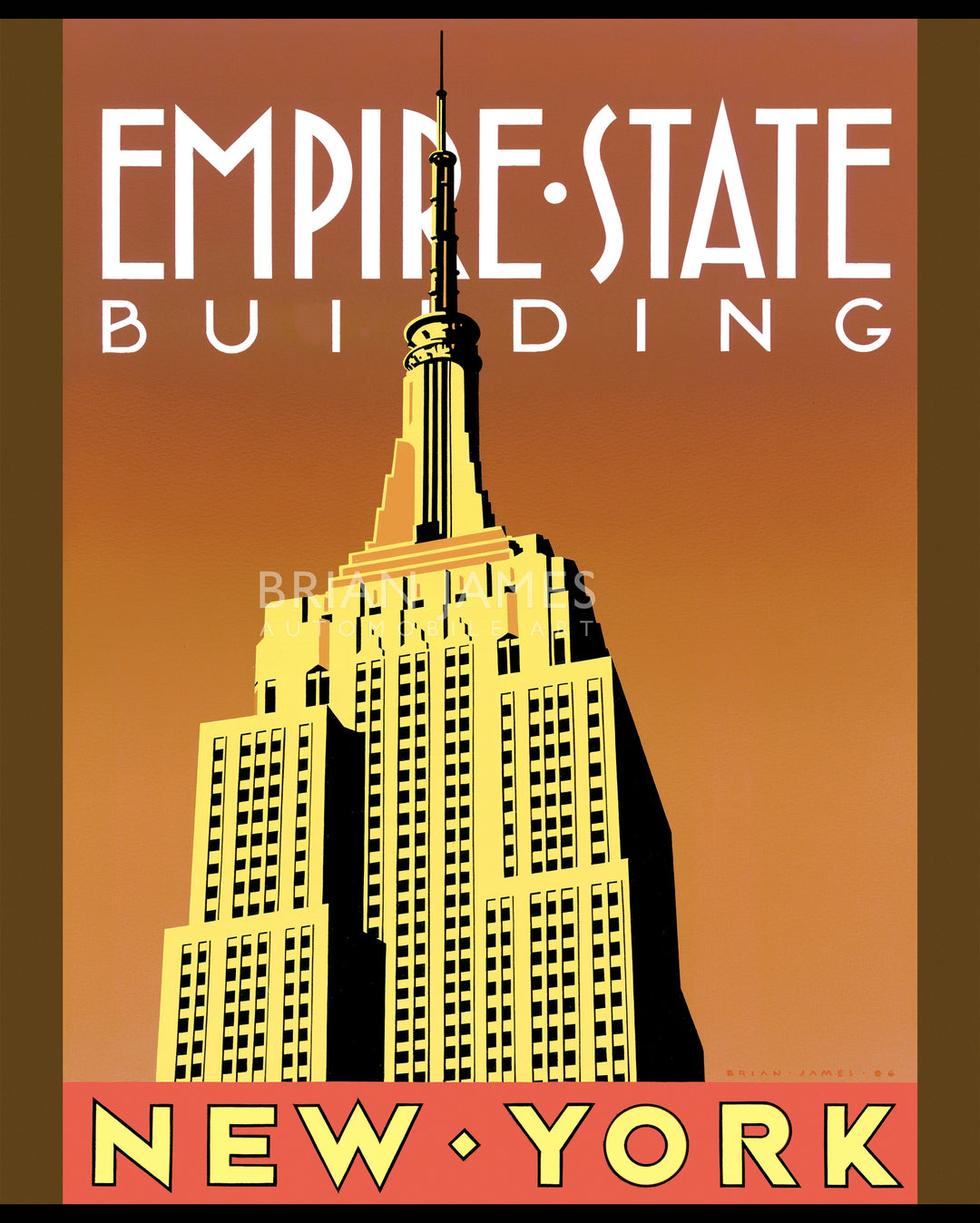 Stylised Art Deco poster of the Empire State Building against a burnt orange sky.
