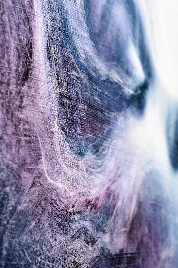 Oil on canvas painting by Dan Bullock, titled Eternal. A dreamlike portrait of a woman’s face in profile, eyes closed, emerging from swirling textures of deep indigo, violet, and soft lavender. The ethereal brushwork gives the impression of smoke or mist, creating a sense of serenity, timelessness, and transcendence.