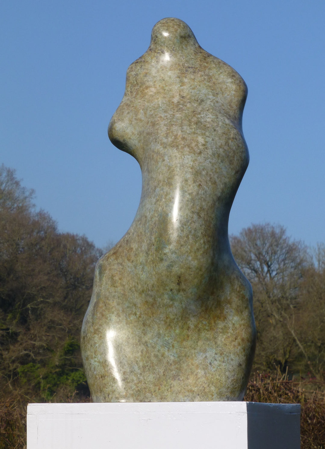 Bronze sculpture of an abstract female torso by Nicola Godden, with smooth organic curves and a softly polished surface, standing on a plinth outdoors against a clear blue sky, the form evoking the human body through simplified, flowing contours and natural balance.